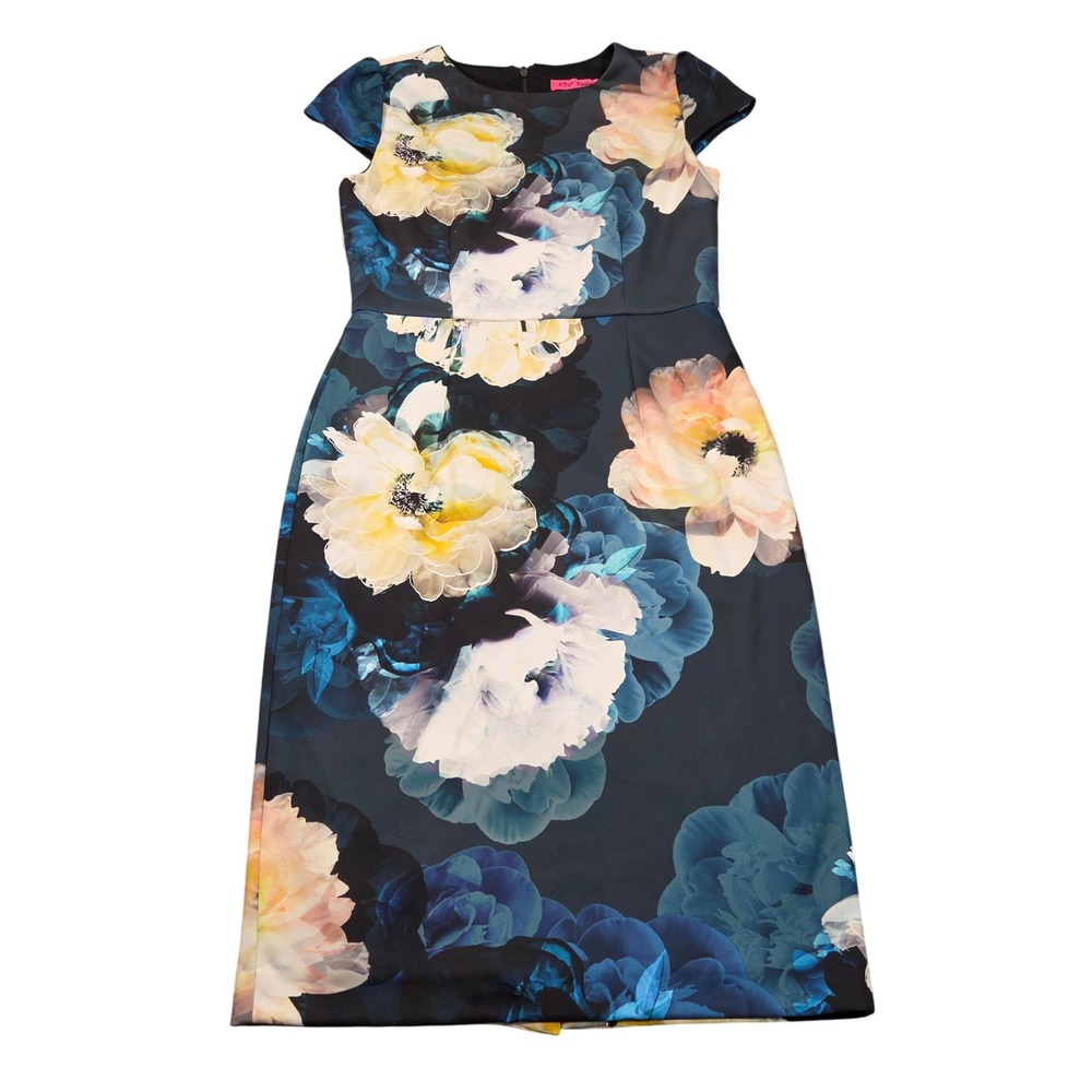 Betsey Johnson Dress Womens Size 6 Blue Yellow Floral Scuba Cap Sleeve Sheath